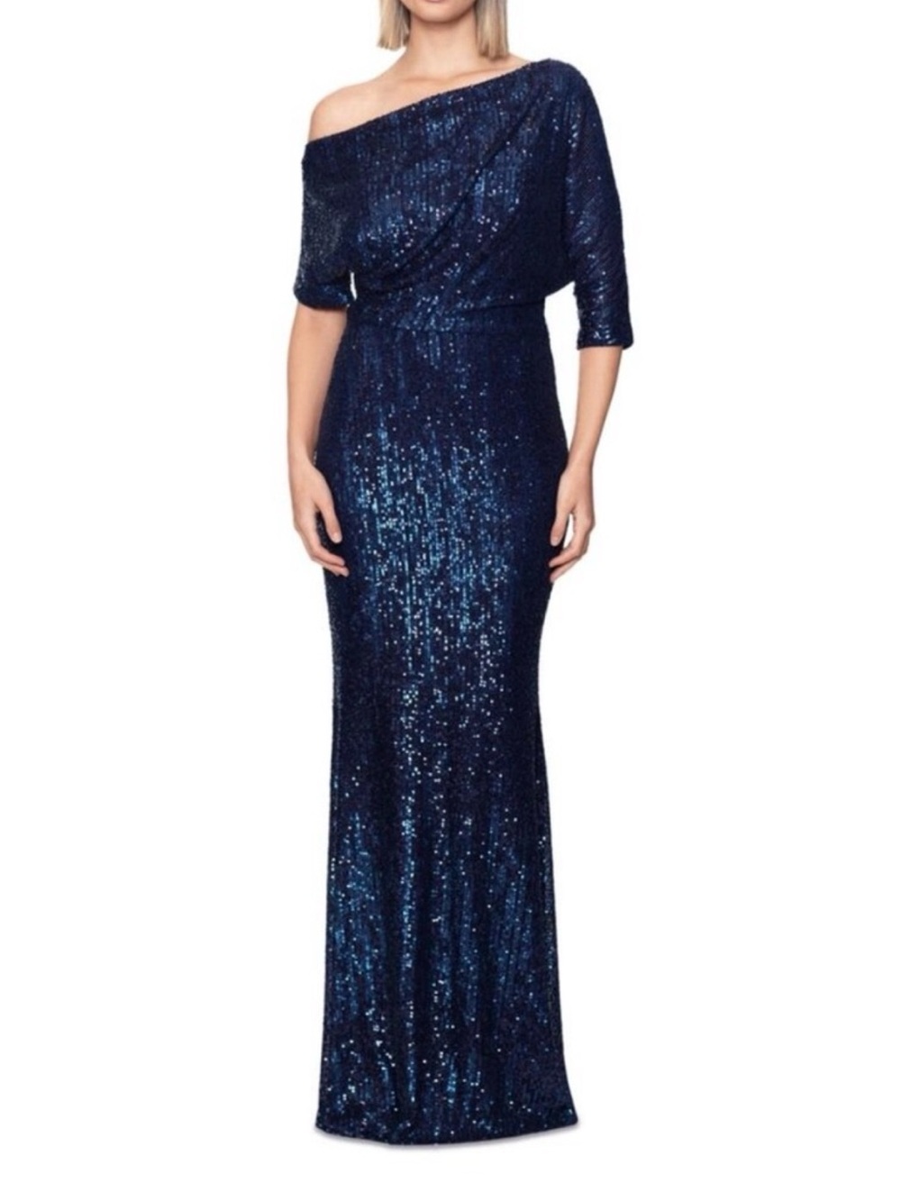 Betsy & Adam Navy Sequin One-Shoulder Evening Gown